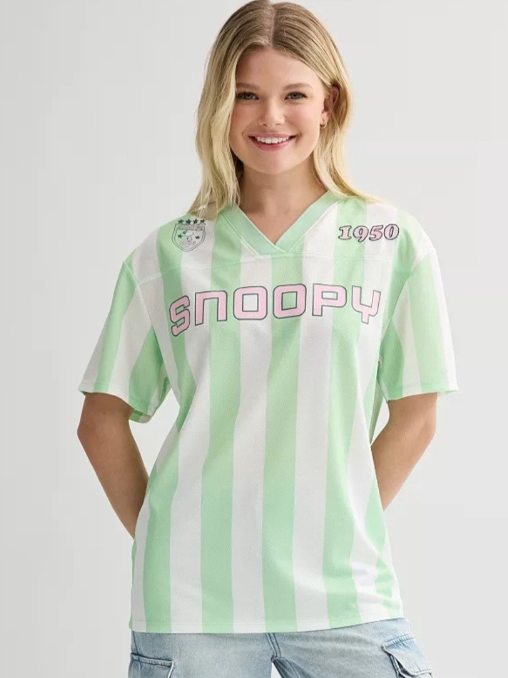 Peanuts Mint Green & White Striped V‑Neck Tee with Pink Logo